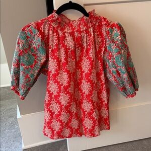 THML high neck floral embroidered puff sleeve top. New. Small